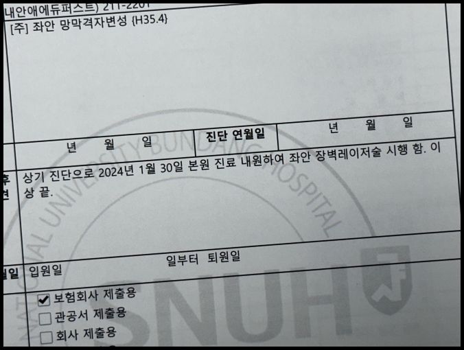 망막 레이저 수술 진단서